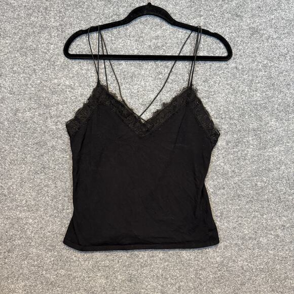 Minimalist Camisole Top Women Small Black Lace Trim Spaghetti Strappy Grunge Y2K - Picture 2 of 6